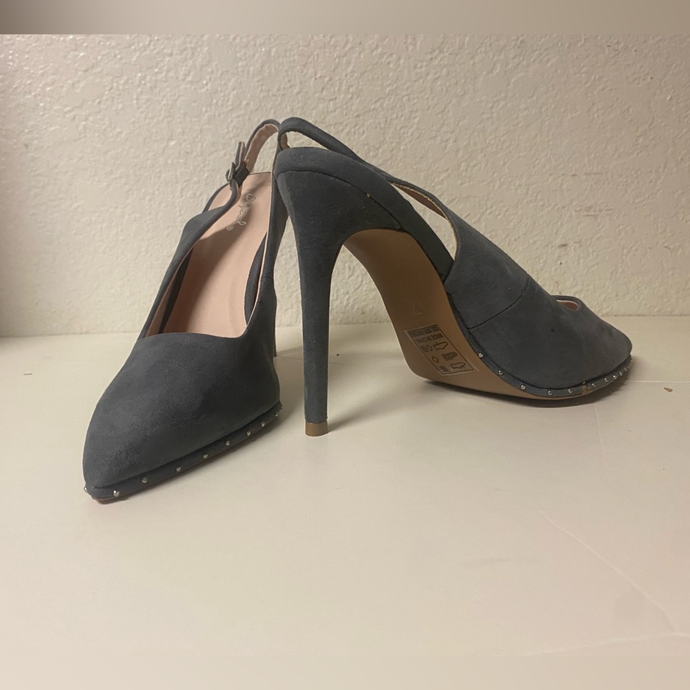 Gray with blue undertone suede heels, nude pink inside size 10